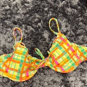 No Boundaries Multicolor Neon Plaid Bikini Top